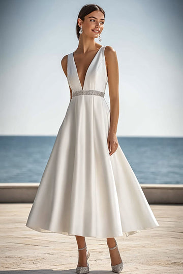 Sparkly Ivory Deep V-Neck A Line Boho Maxi Dress